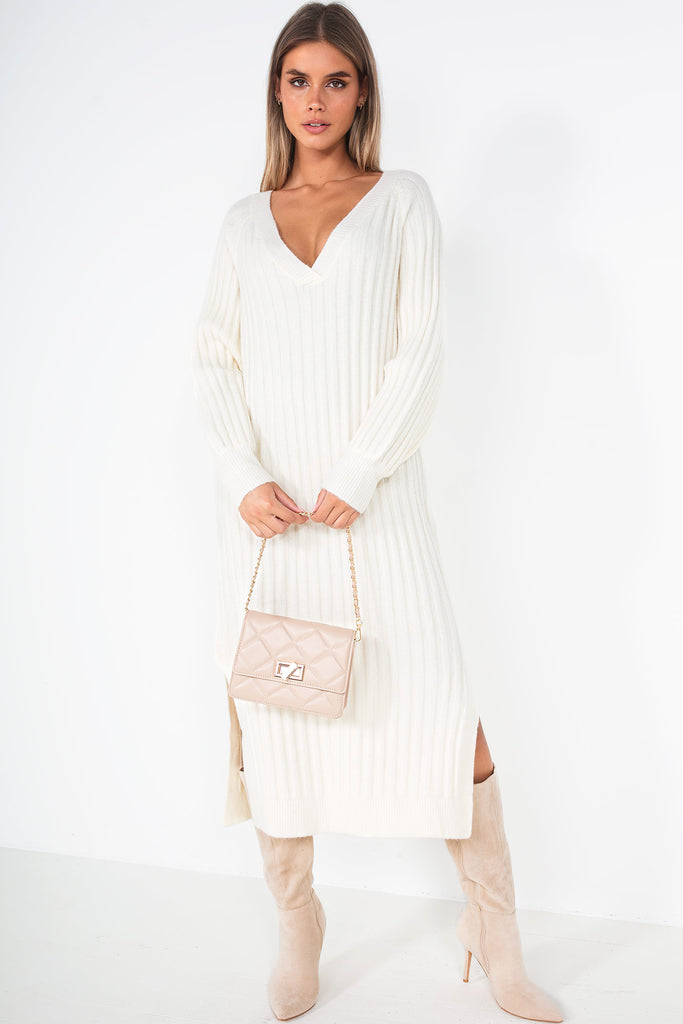 Phyllis Cream Knit Ribbed Dress