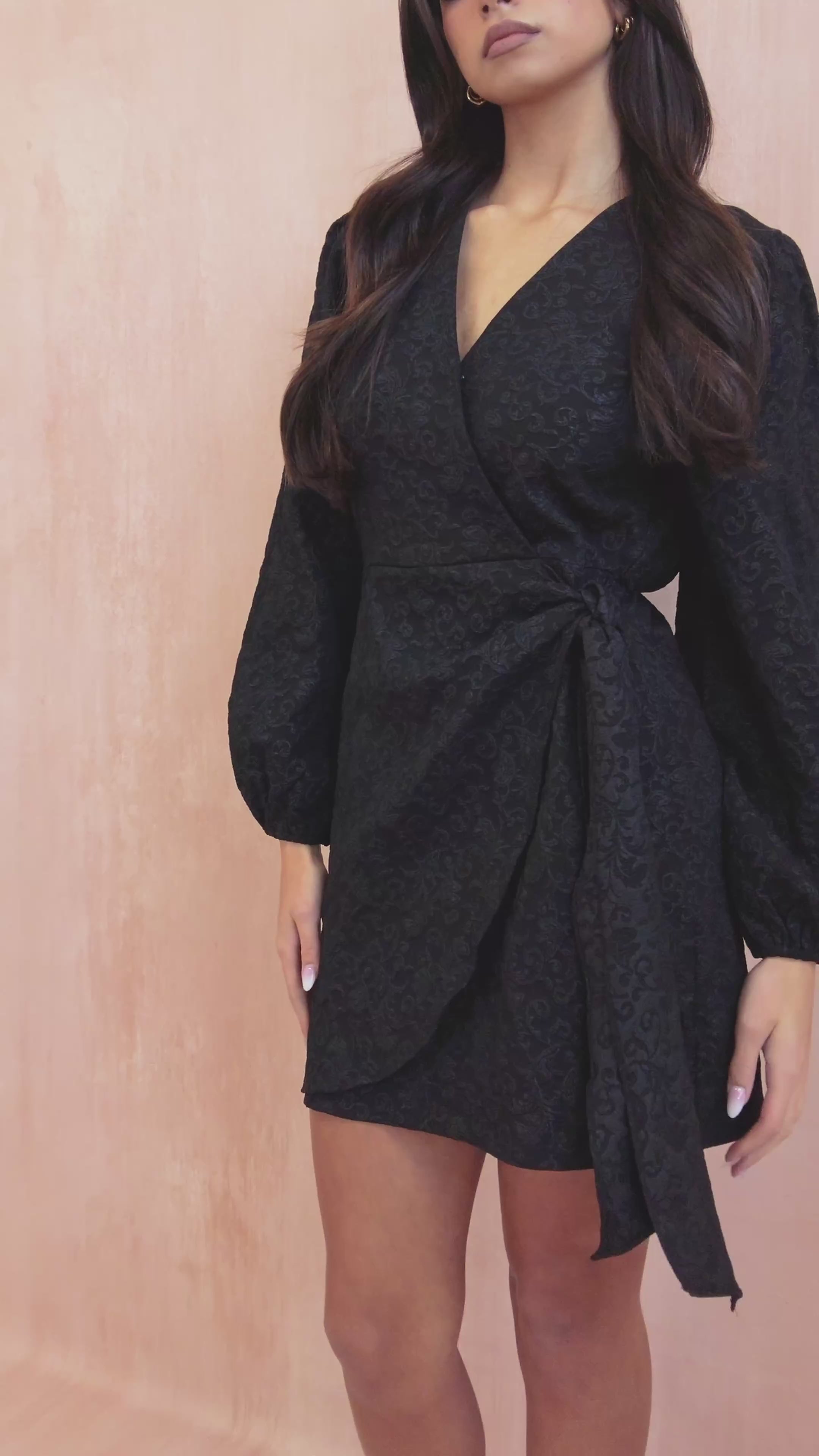 Kallie Black Jacquard Wrap Dress