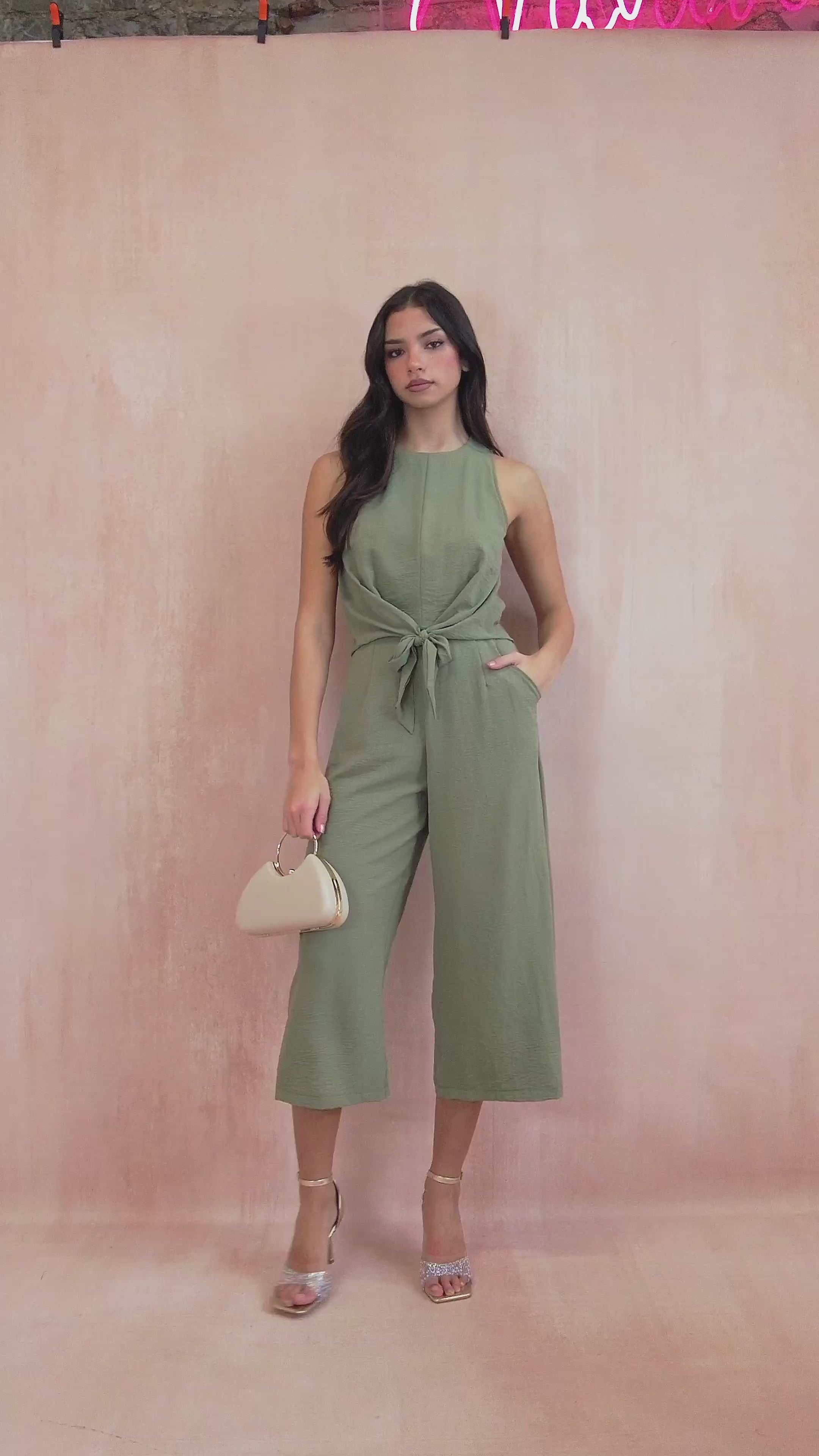 AX Paris Cadhla Khaki Tie Waist Jumpsuit