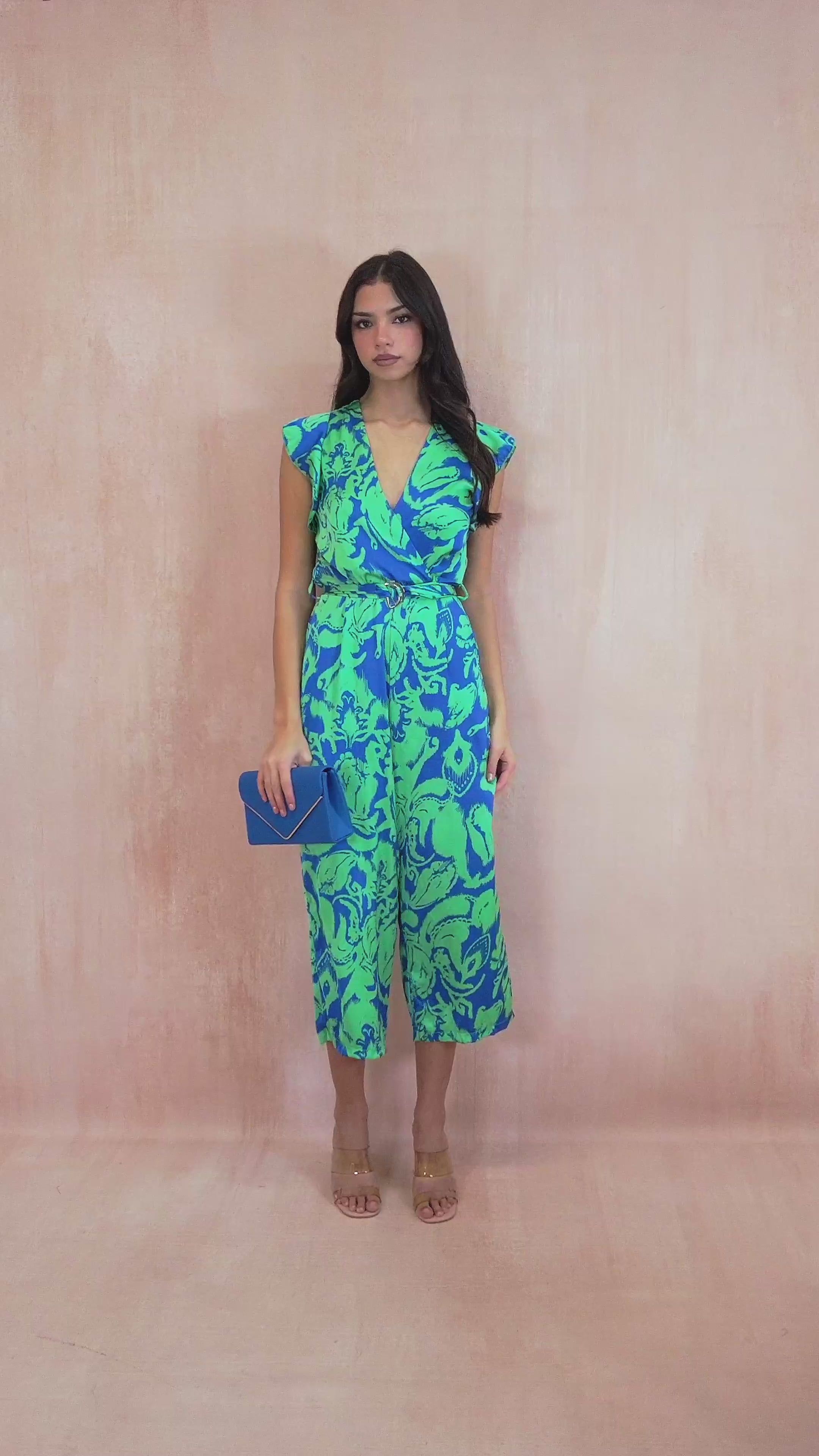 AX Paris Tina Blue and Green Satin Jumpsuit
