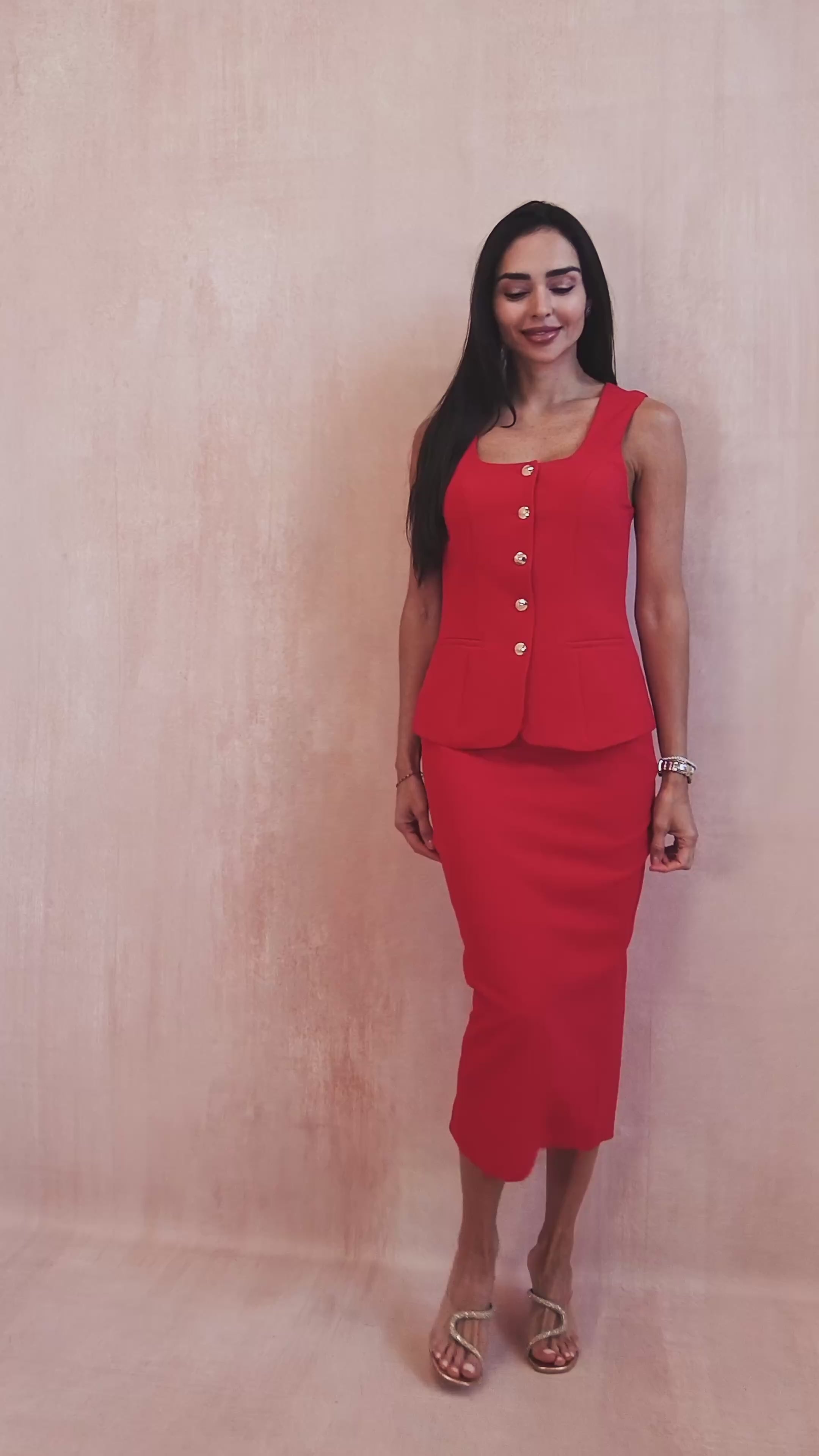 Vicky Red Reversible Tailored Midi Skirt