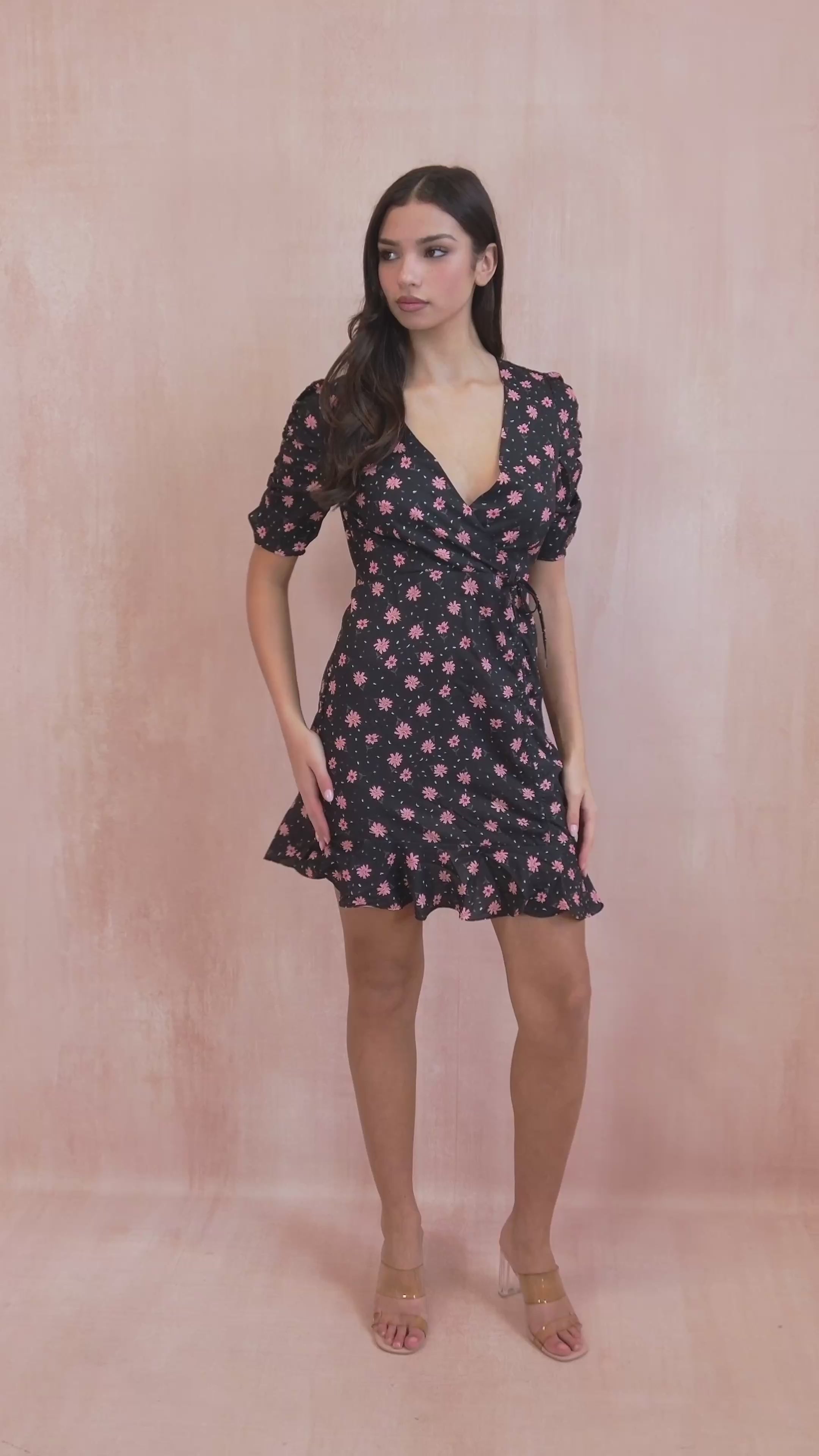 Christine Black Floral Frill Dress

