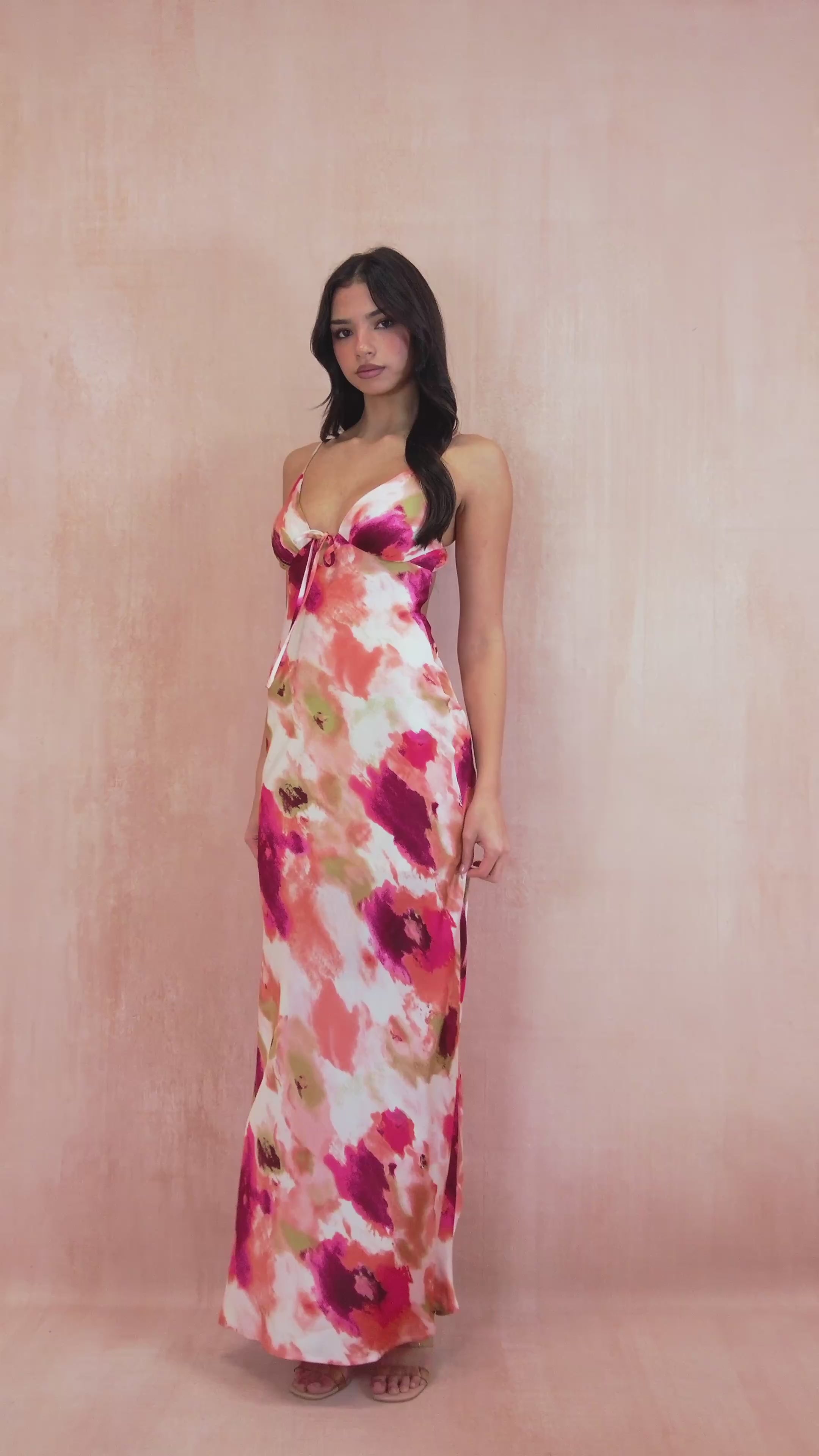 Audrey Peach Satin Maxi Dress