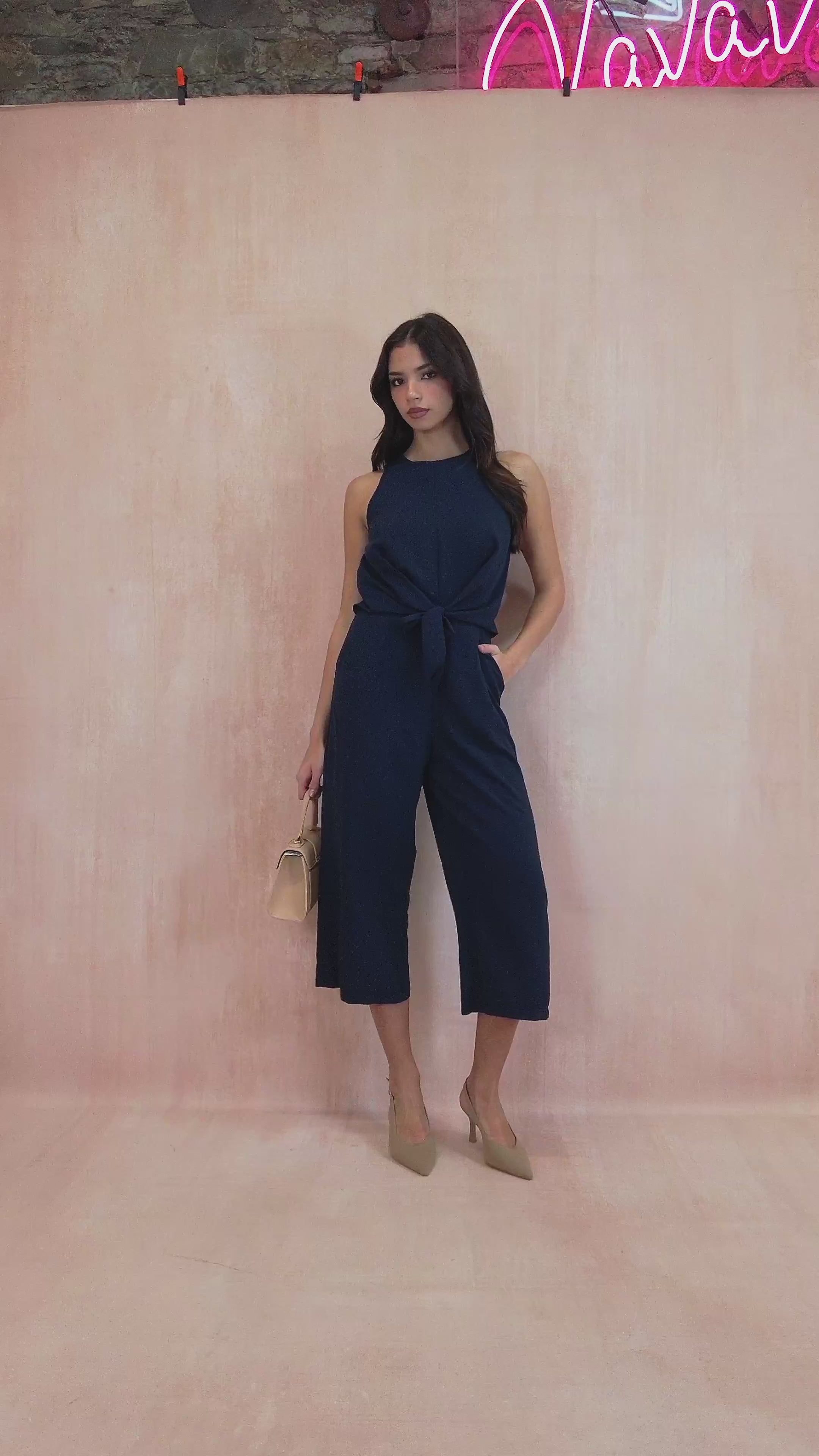 AX Paris Cadhla Navy Tie Waist Jumpsuit