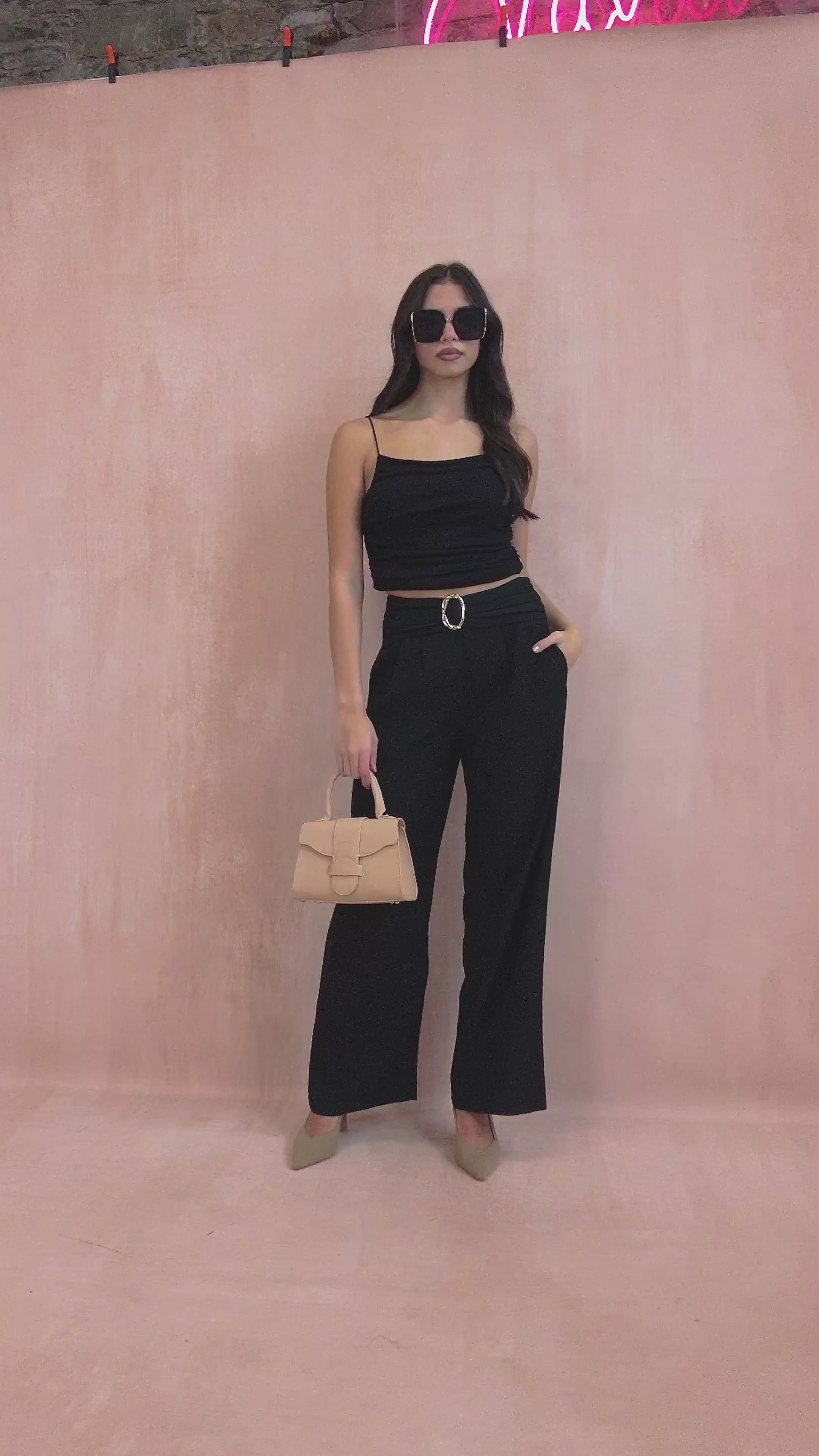 Tara Black Buckle Wide Leg Trousers