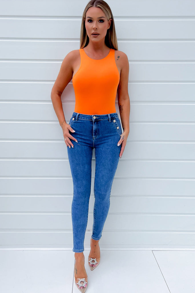 Prim Neon Orange Slinky Sleeveless Bodysuit