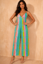 Priscilla Turquoise Cotton Printed Jumpsuit