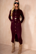 Qadira Burgundy Rib Knit Button Detail Midi Dress
