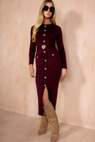 Qadira Burgundy Rib Knit Button Detail Midi Dress