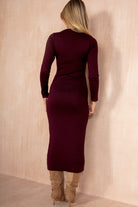 Qadira Burgundy Rib Knit Button Detail Midi Dress
