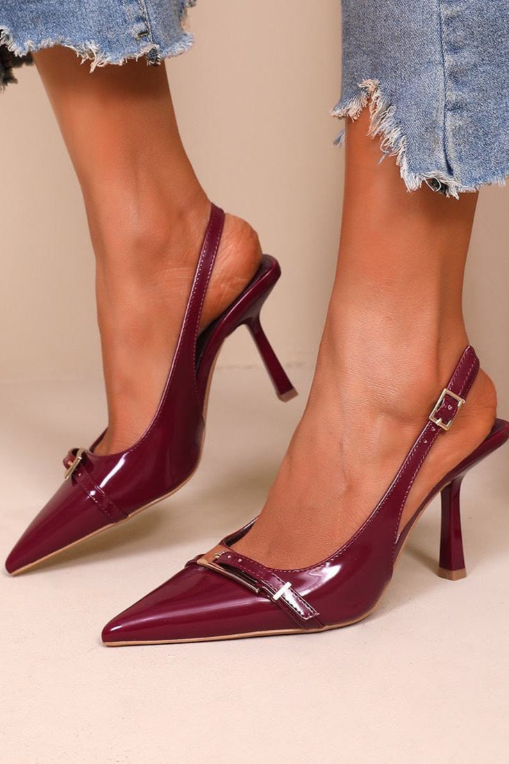 Quill Burgundy PU Buckle Slingback Heels