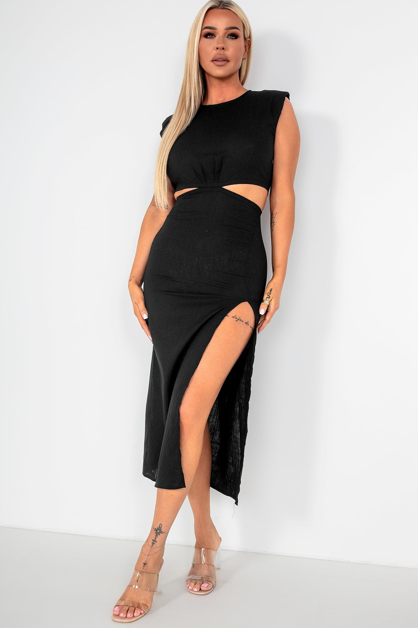 Quinella Black Linen Cut Out Dress