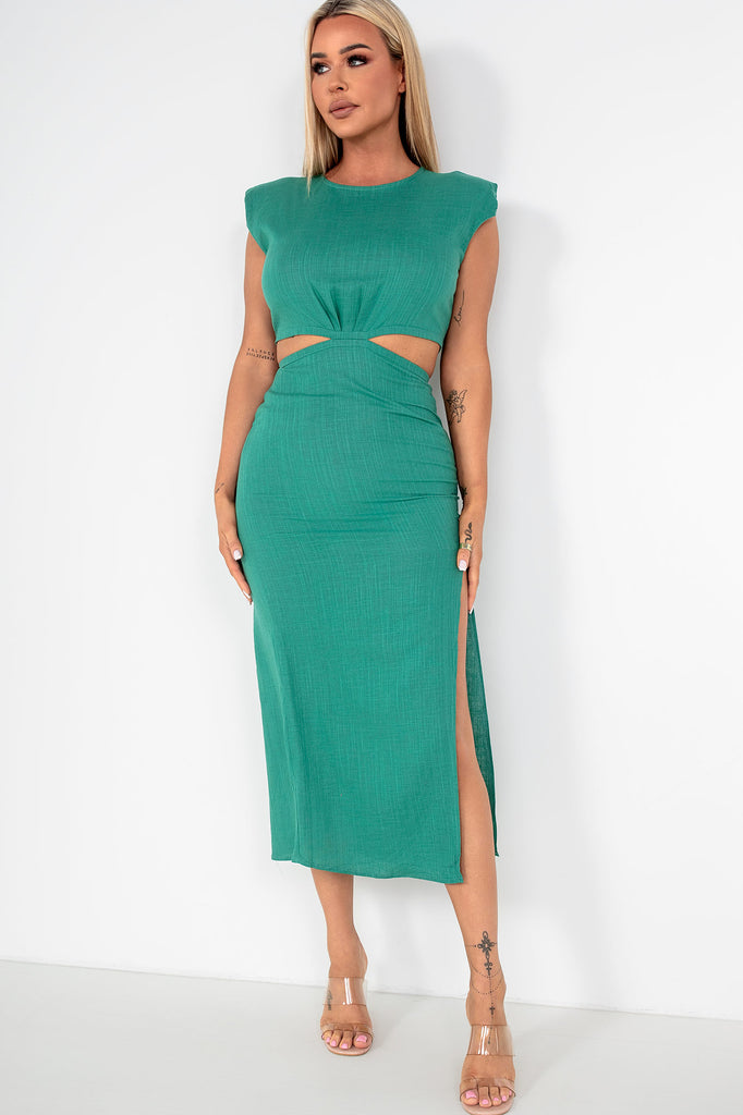 Quinella Green Linen Cut Out Dress