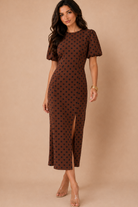 Quinn Chocolate And Black Polka Dot Puff Sleeve Midi Dress