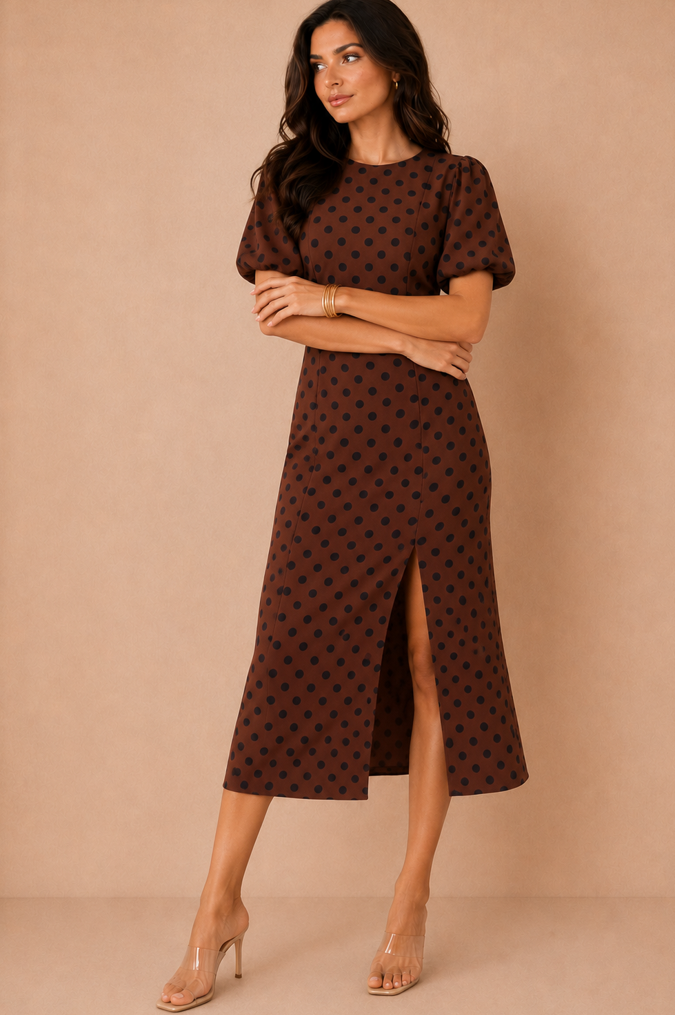 Quinn Chocolate And Black Polka Dot Puff Sleeve Midi Dress