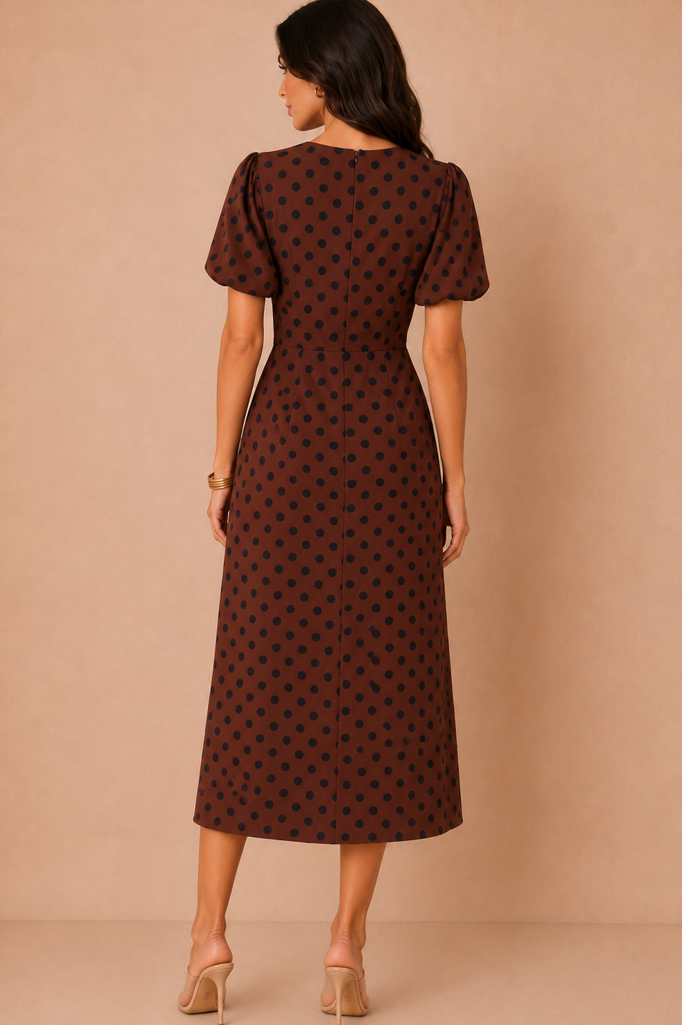 Quinn Chocolate And Black Polka Dot Puff Sleeve Midi Dress
