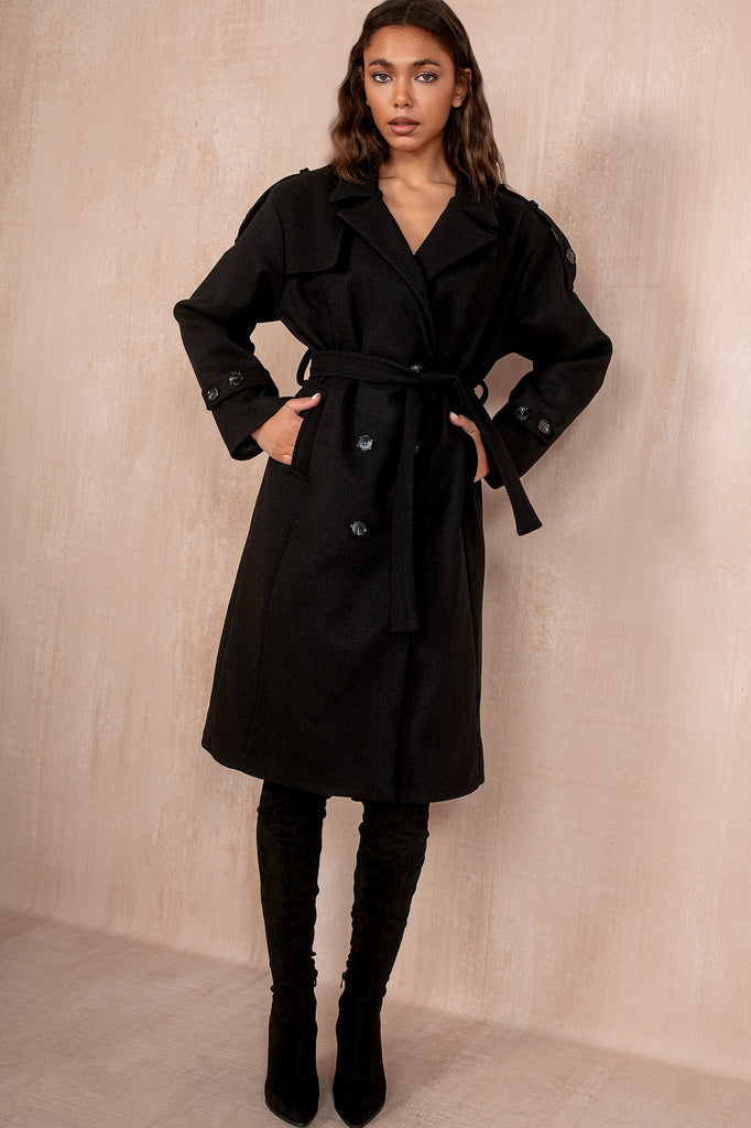 Ravi Black Double Breasted Belted Coat