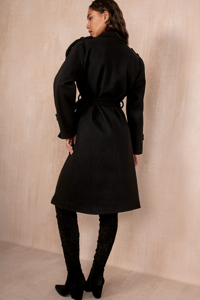 Ravi Black Double Breasted Belted Coat