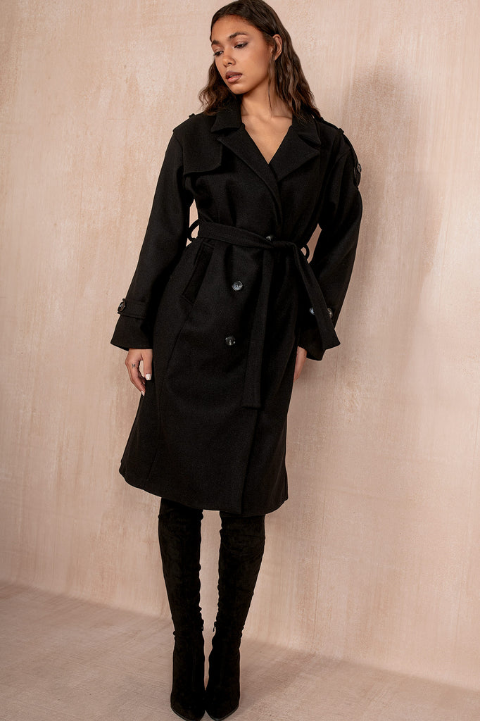 Ravi Black Double Breasted Belted Coat