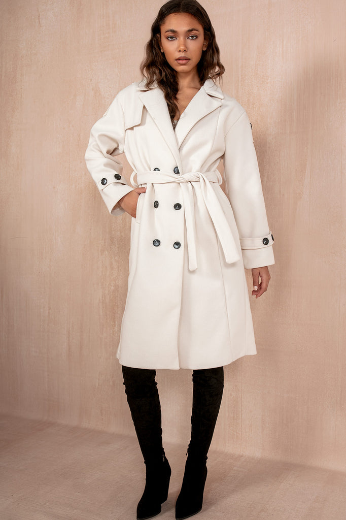 Ravi Cream Double Breasted Belted Coat