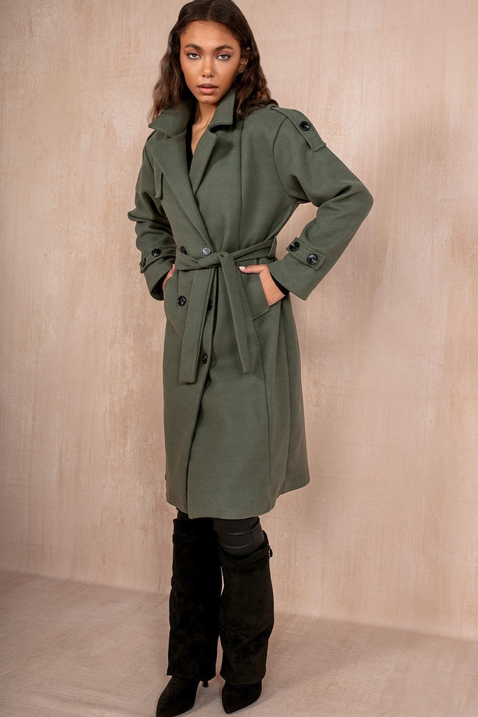 Ravi Khaki Double Breasted Belted Coat