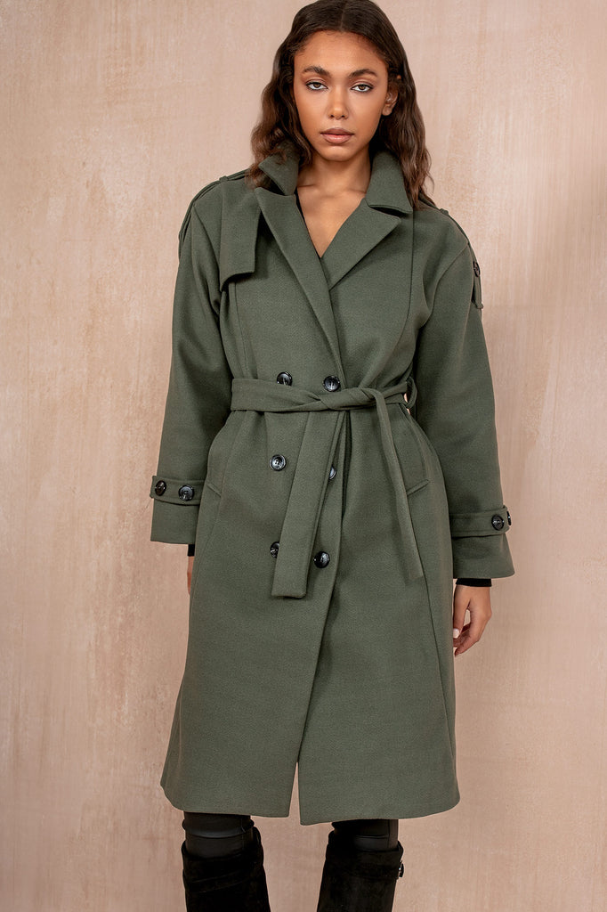 Ravi Khaki Double Breasted Belted Coat