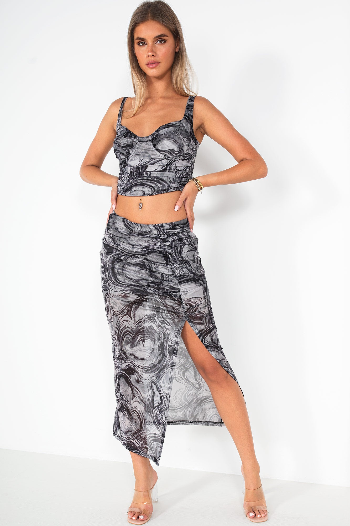 Reena Black and Grey Mesh Print Skirt