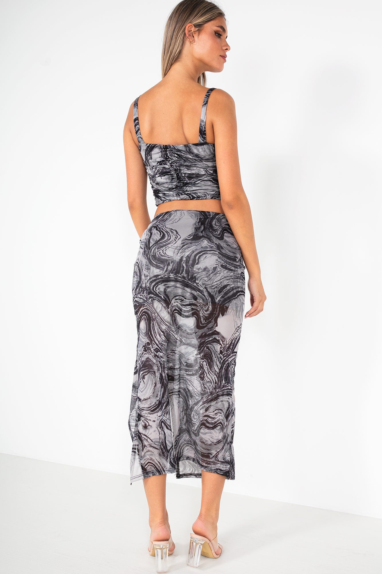 Reena Black and Grey Mesh Print Skirt