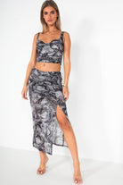 Reena Black and Grey Mesh Print Skirt