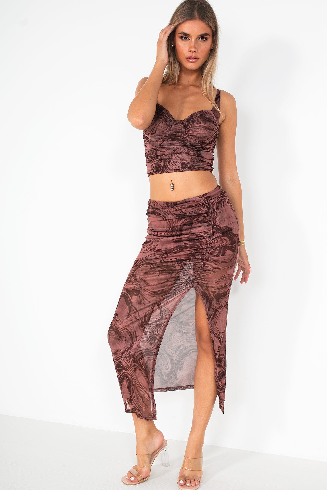 Reena Chocolate Mesh Print Skirt