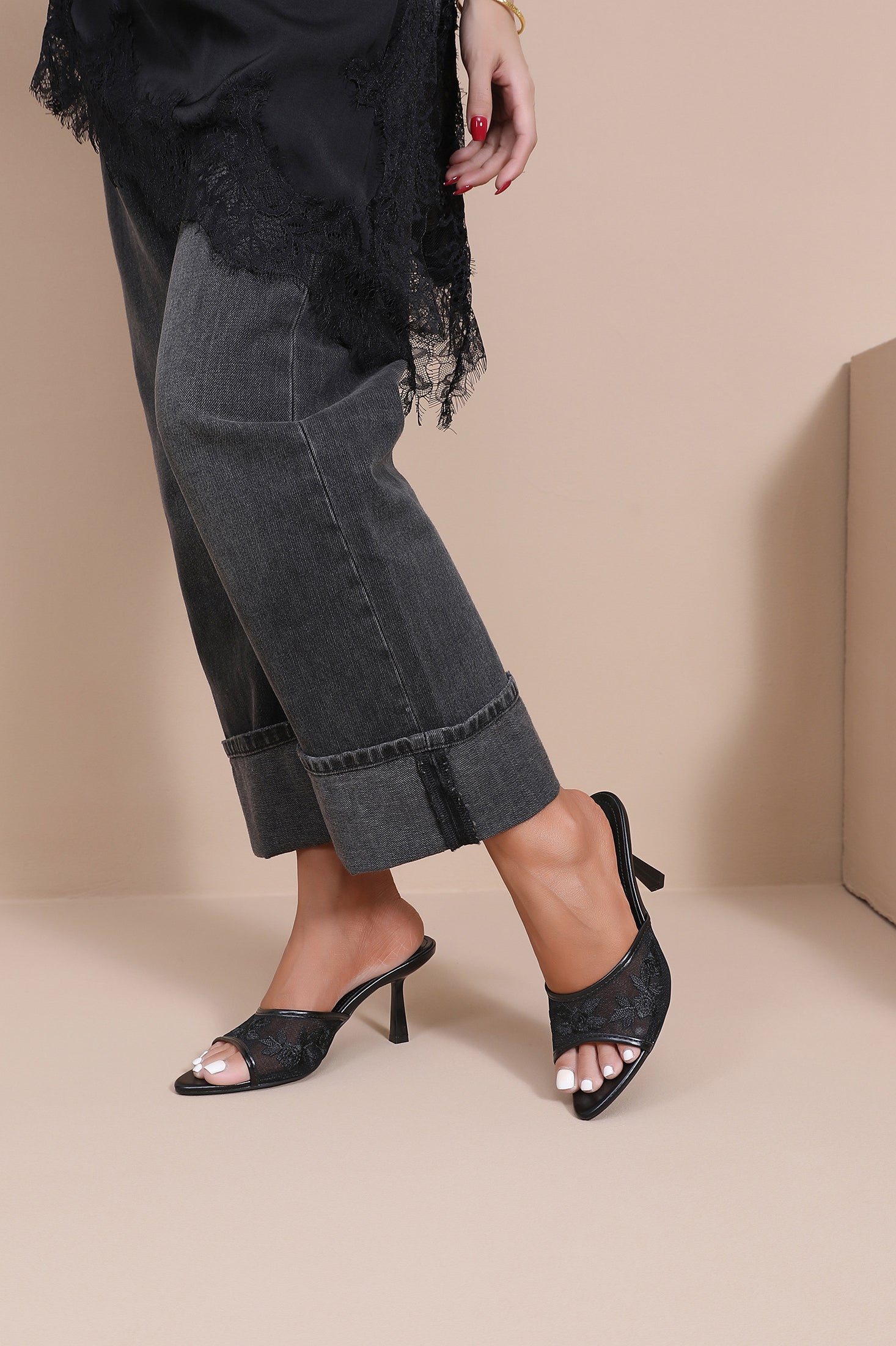 Reign Black Floral Mesh Heeled Mules