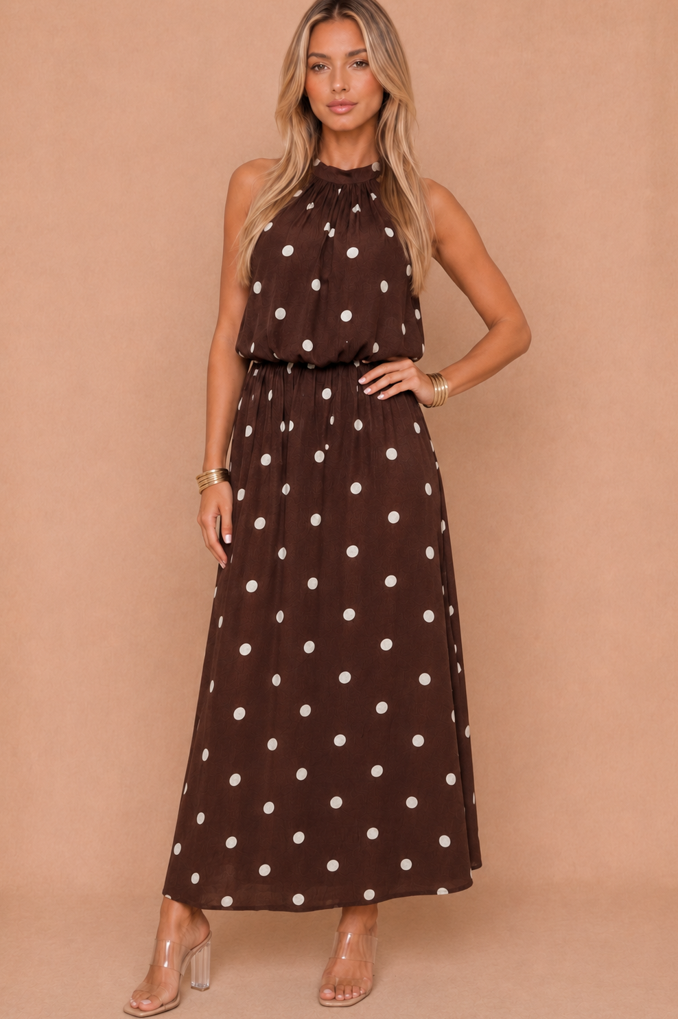 Renee Chocolate Polka Dot Maxi Dress