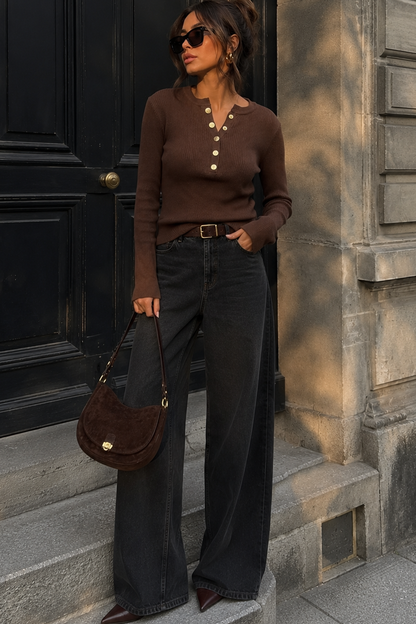 Reyna Chocolate Ribbed Knit Top