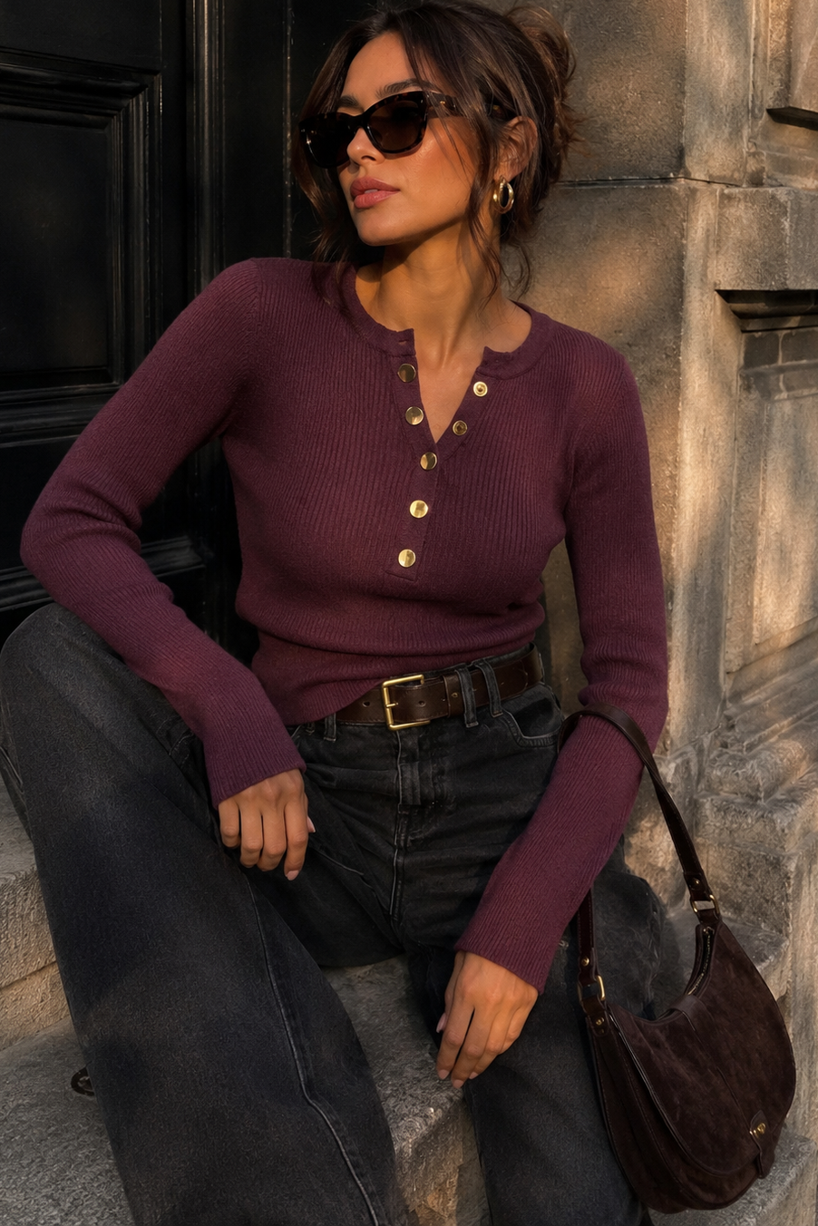 Reyna Plum Ribbed Knit Top
