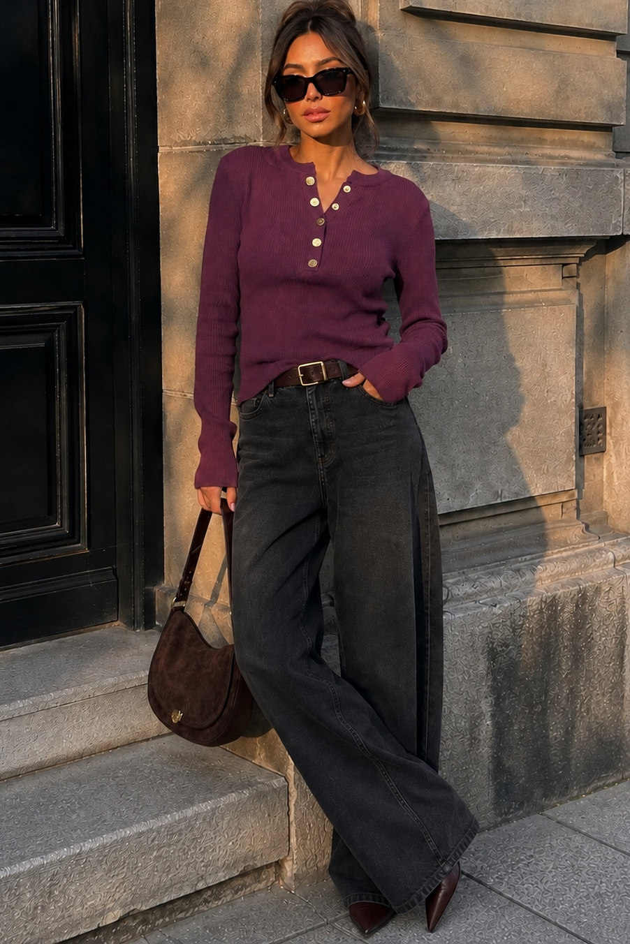 Reyna Plum Ribbed Knit Top