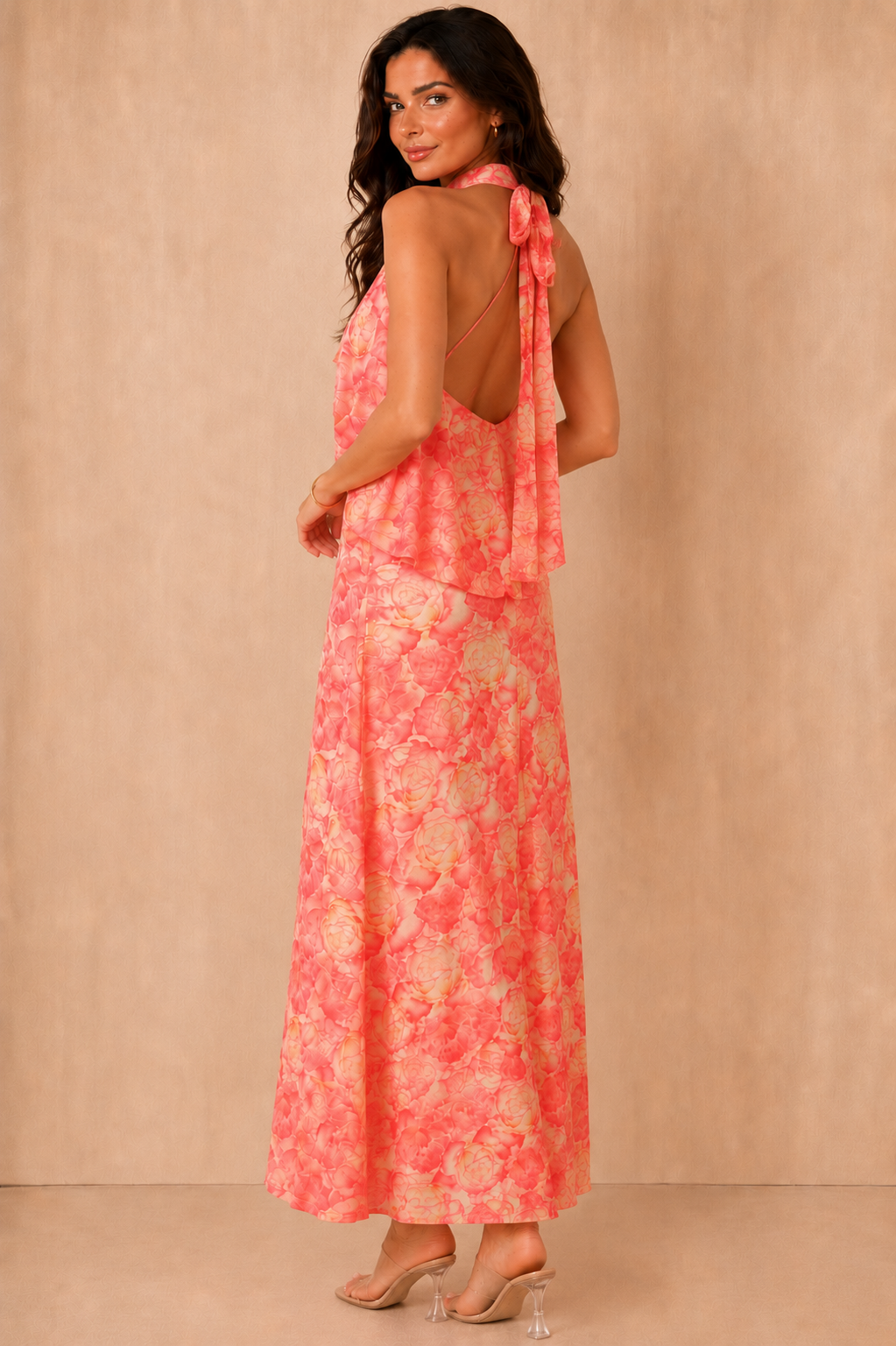 Rhonda Coral Rose Print Tie Neck Maxi Dress