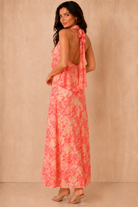 Rhonda Coral Rose Print Tie Neck Maxi Dress