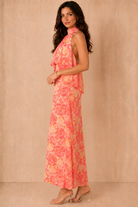 Rhonda Coral Rose Print Tie Neck Maxi Dress