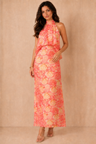 Rhonda Coral Rose Print Tie Neck Maxi Dress