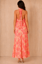 Rhonda Coral Rose Print Tie Neck Maxi Dress
