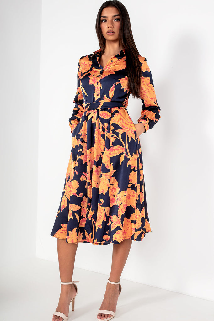 Robin Orange and Navy Satin Floral Dress