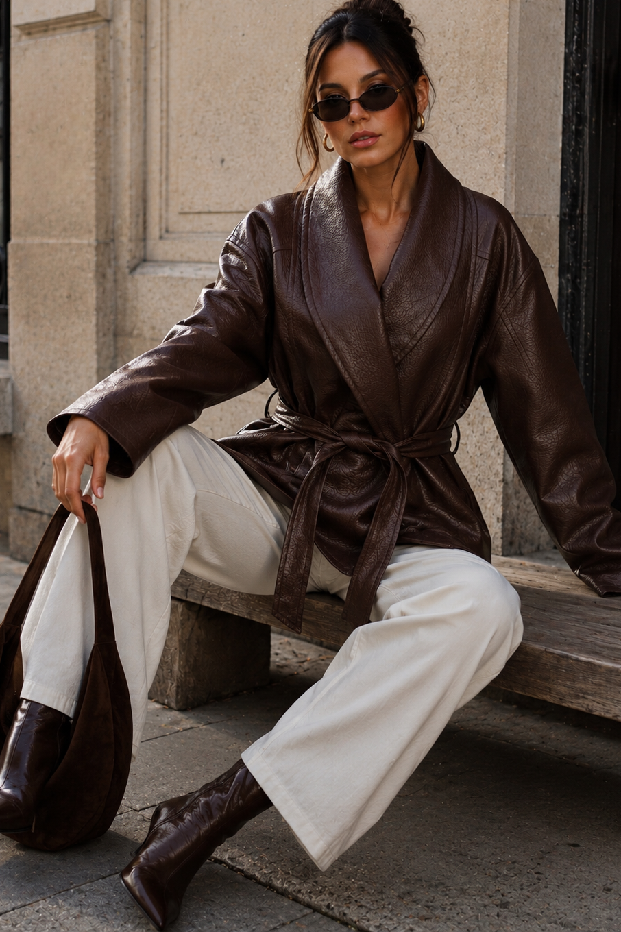 Rosa Chocolate Faux Leather Belted Jacket