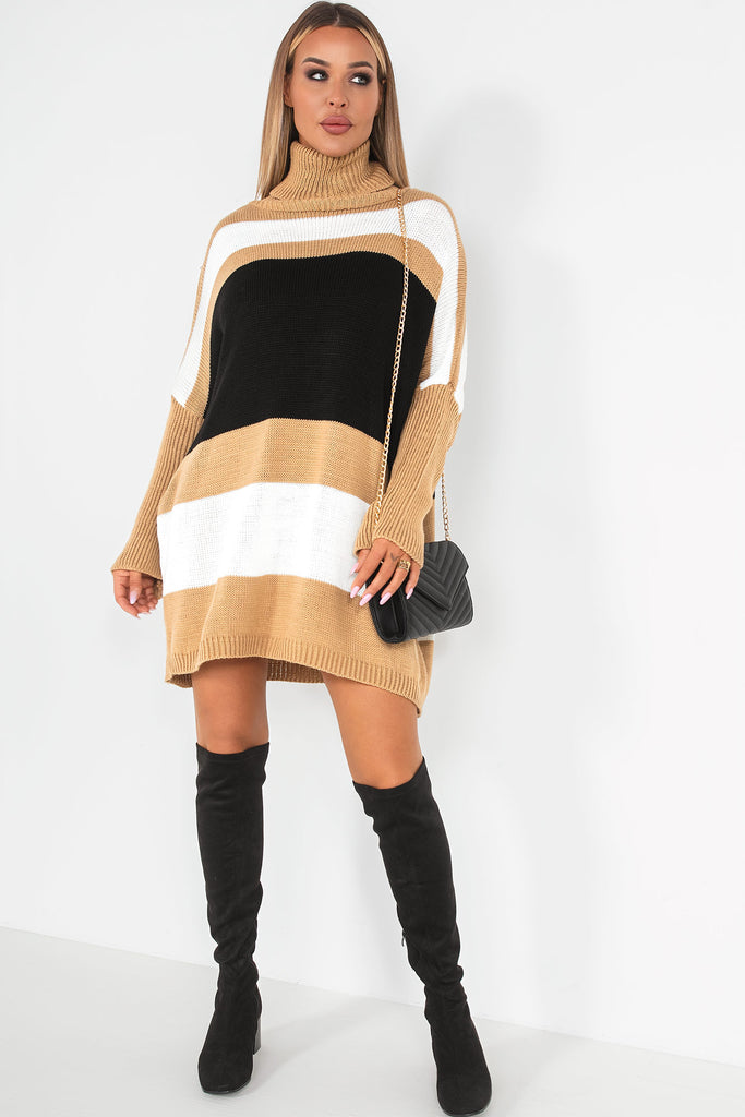 Rylee Camel Knit Striped Dress