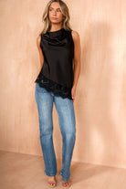 Sadie Black Satin Lace Asymmetric Top - Vavavoom.ie