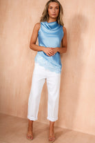 Sadie Blue Satin Lace Asymmetric Top
