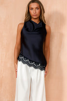 Sadie Navy Satin Lace Asymmetric Top