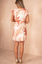 Salome Peach Linen Leaf Print Belted Wrap Dress