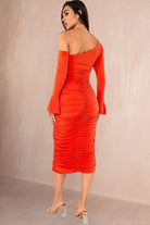 Sammy Orange Ruched Midi Dress