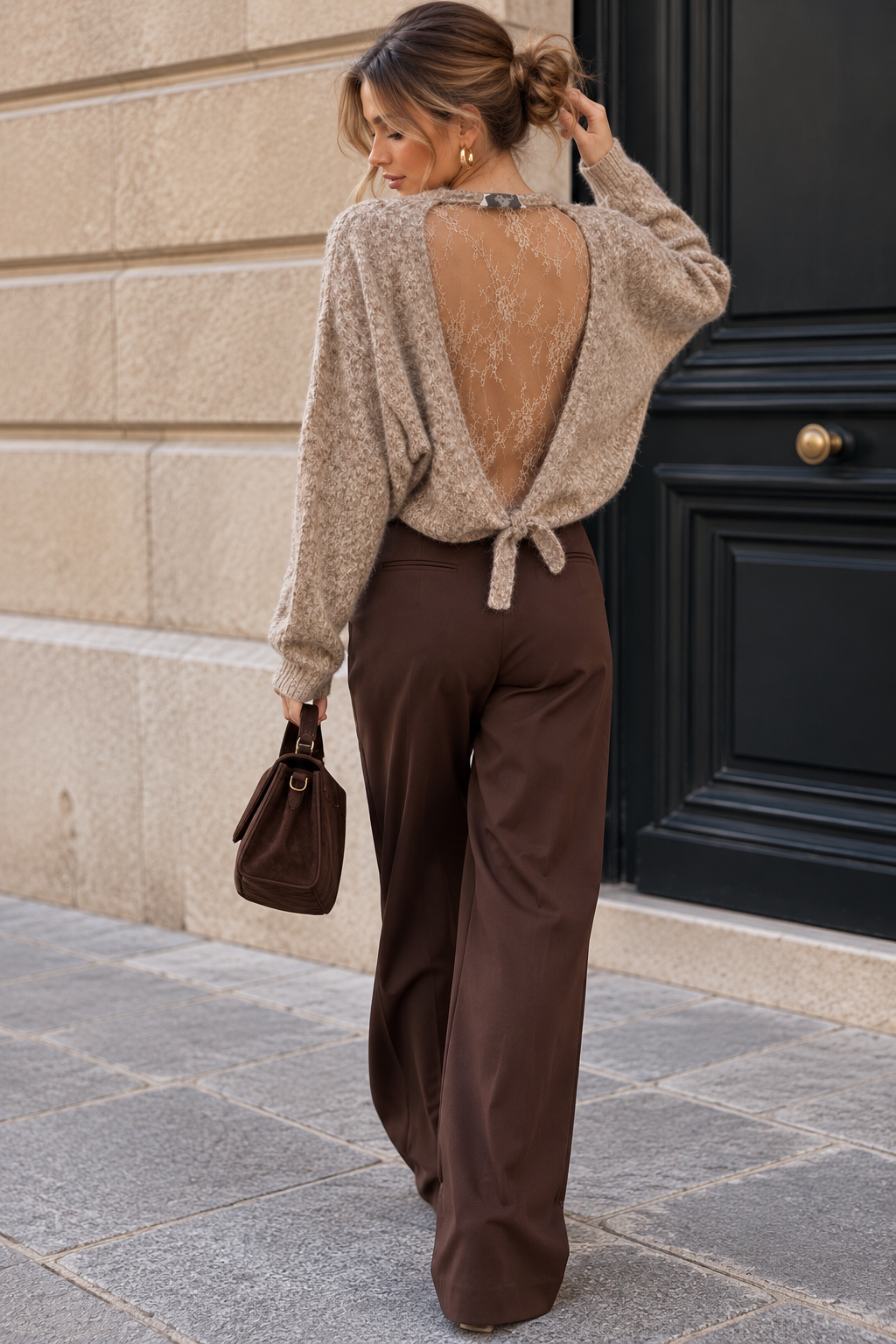 Sara Taupe Knit Lace Back Jumper