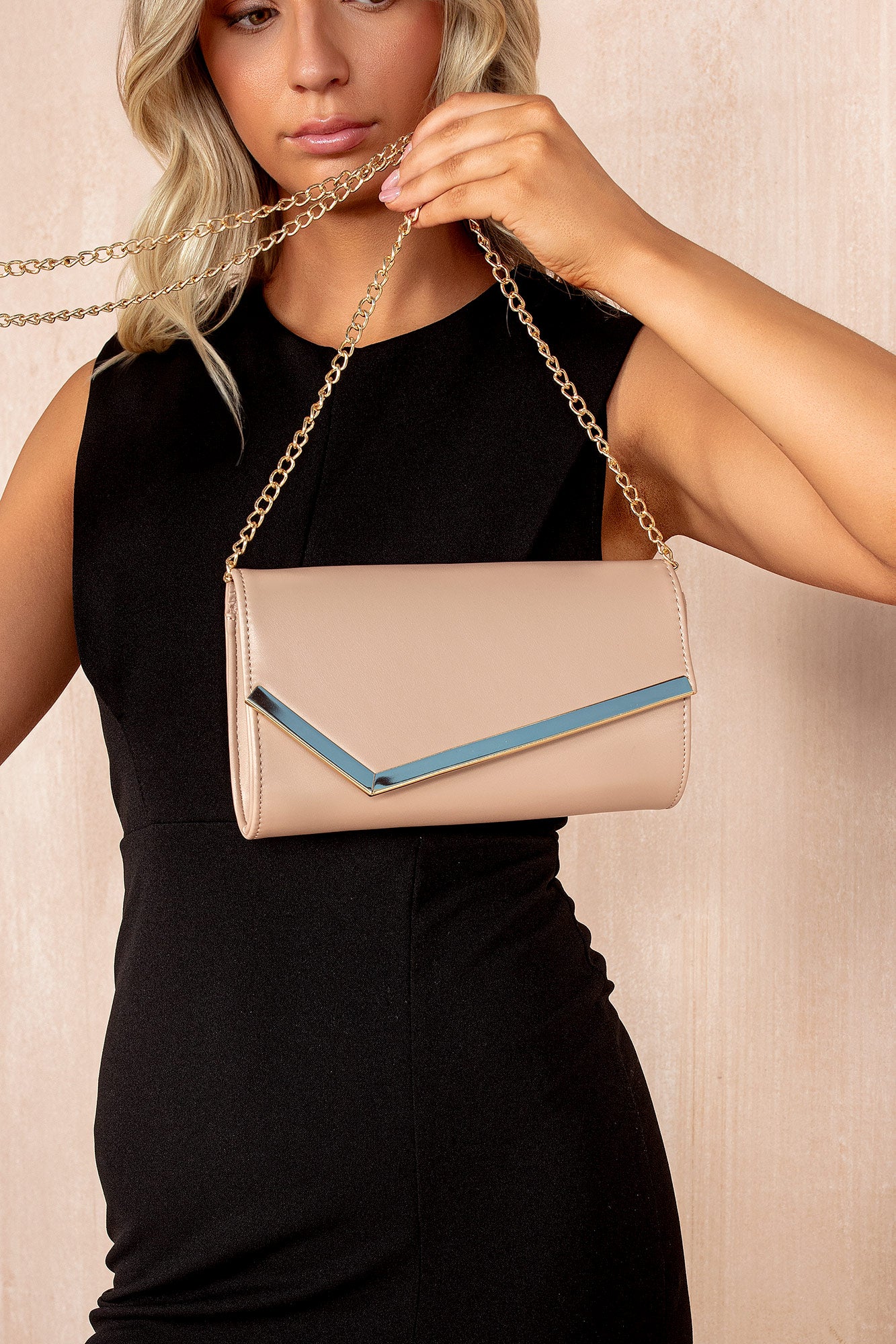 Saturn Nude PU Patent Detachable Chain Bag